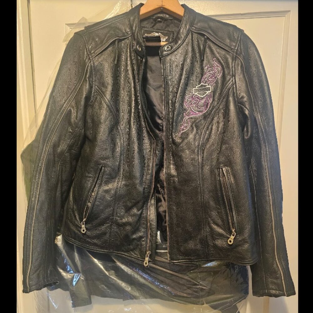 HARLEY-DAVIDSON Women's Purple Steel Heart Black Leather Jacket Like New Large​ - Picture 3 of 8